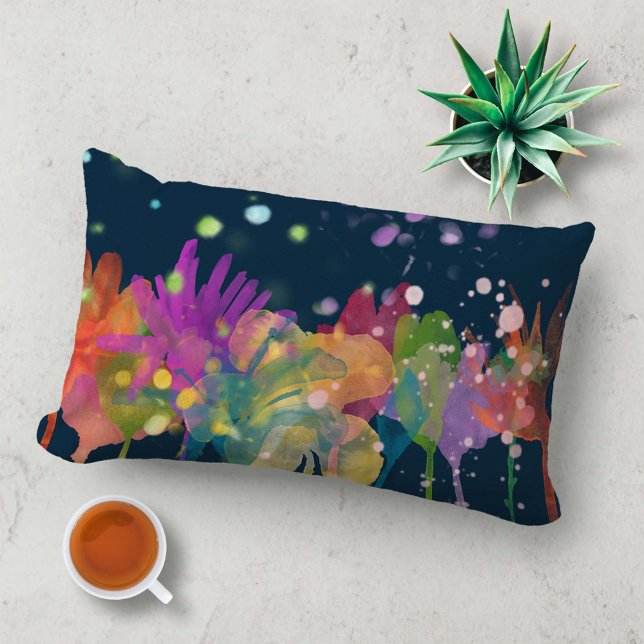 Colorful Watercolor Flowers on Dark Blue Lumbar Pillow (Creator Uploaded)