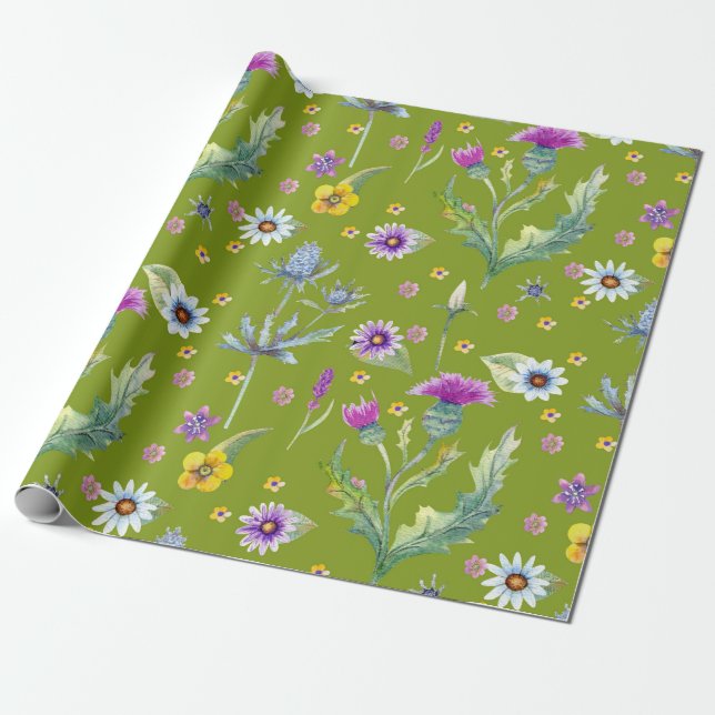 Colorful watercolor flowers on green background wrapping paper (Unrolled)
