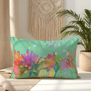 Colorful Watercolor Flowers on Mint Green Lumbar Pillow