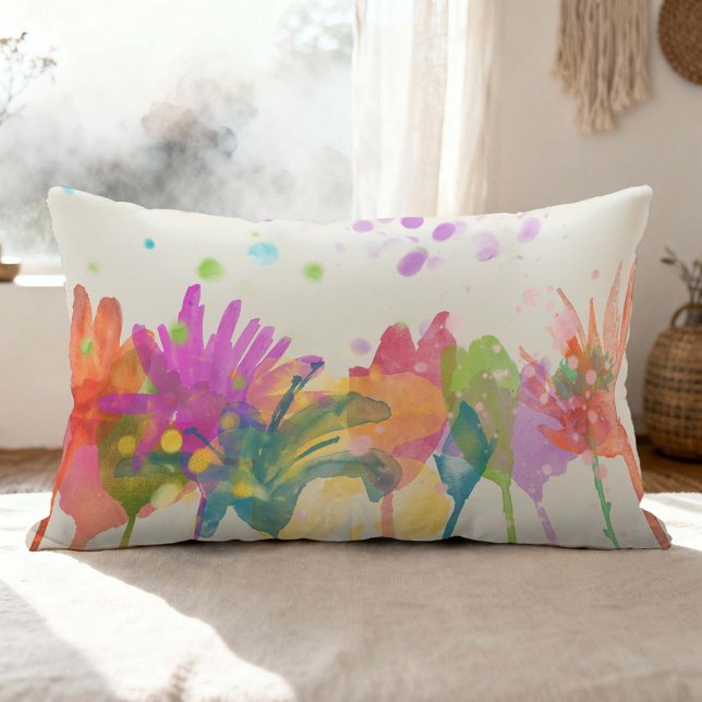 Colorful Watercolor Flowers on Off-white Lumbar Pillow (Creator Uploaded)