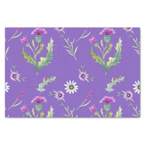 Colorful watercolor flowers on purple background tissue paper