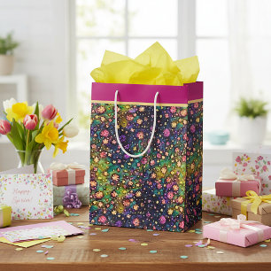Colorful watercolor flowers pattern medium gift bag