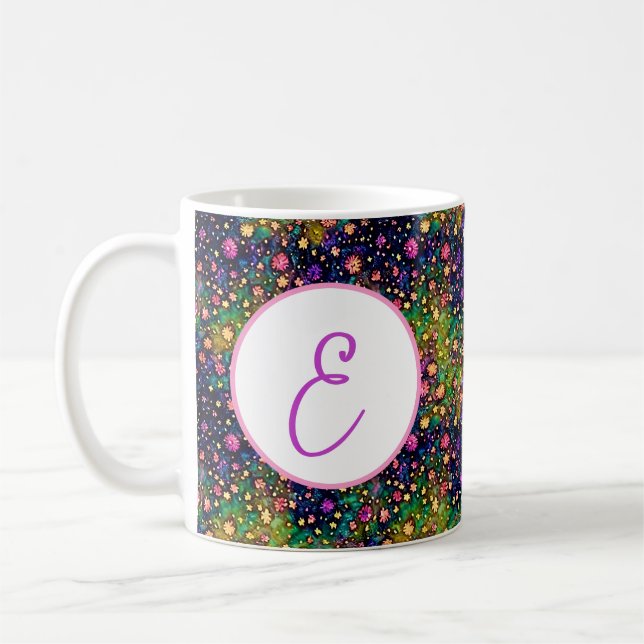 Colorful watercolor flowers pattern monogram coffee mug (Left)