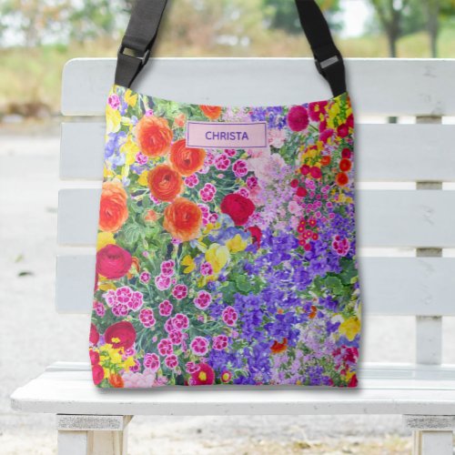 Colorful watercolor flowers pattern tote bag