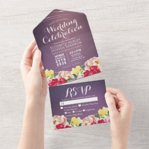 Colorful Watercolor Flowers Purple BG Wedding RSVP All In One Invitation