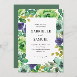Colorful Watercolor Flowers Sage Green Wedding Invitation