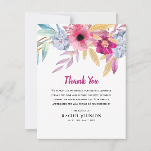 Colorful Watercolor Flowers Sympathy Thank You Card