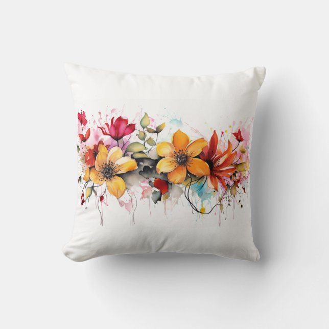 Colorful watercolor flowers throw pillow (Front)