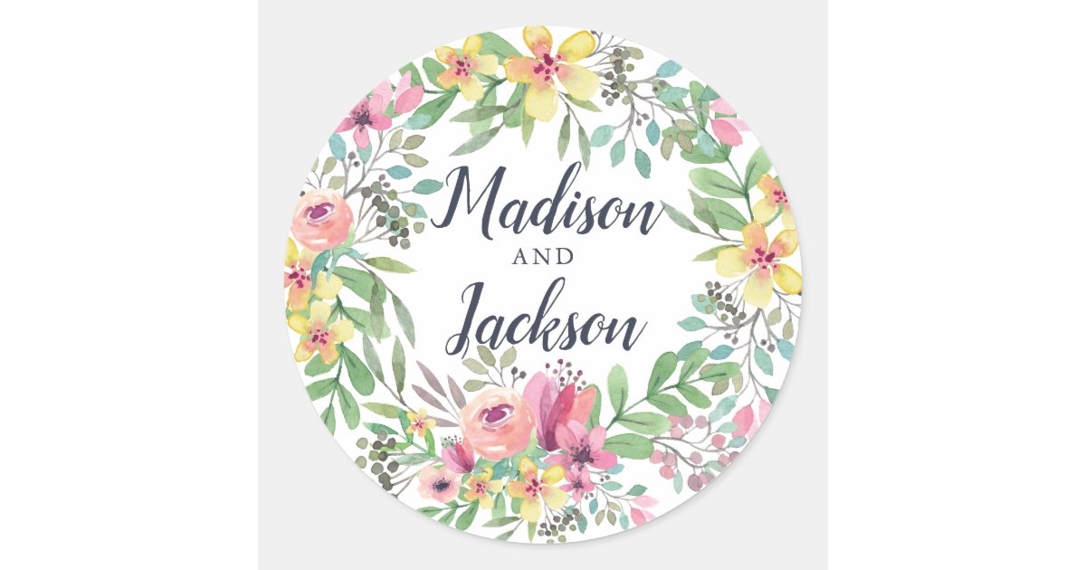 Colorful Watercolor Flowers Wedding Classic Round Sticker | Zazzle