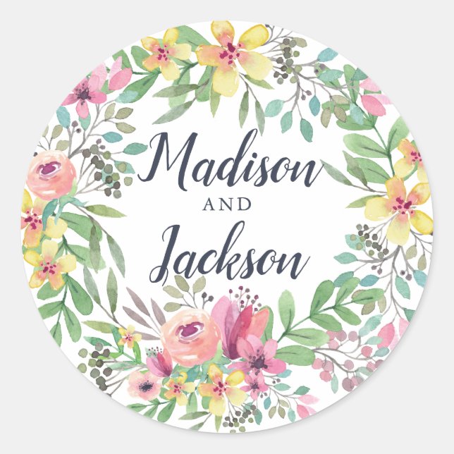 Colorful Watercolor Flowers Wedding Classic Round Sticker (Front)