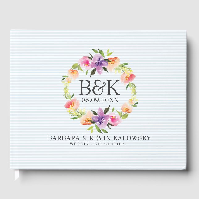 Colorful Watercolor Flowers Wedding Wreath Guest Book (Front)