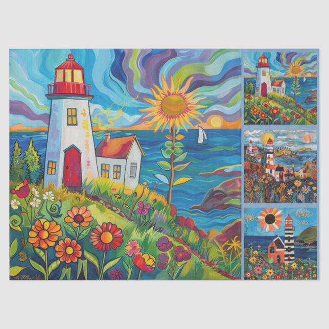 Colorful Watercolor Folk Art Light Houses  Tissue Paper (Front)