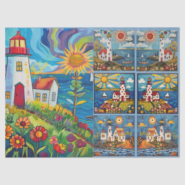 Colorful Watercolor Folk Art Light Houses Tissue Paper (Front)