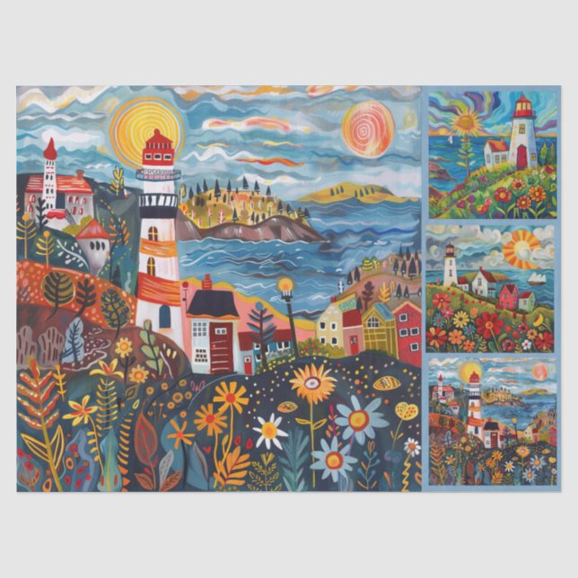 Colorful Watercolor Folk Art Light Houses Tissue Paper (Front)