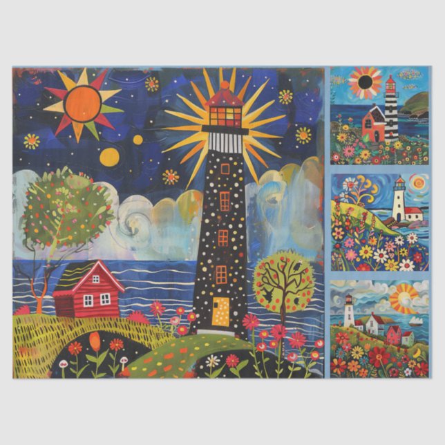 Colorful Watercolor Folk Art Light Houses  Tissue Paper (Front)