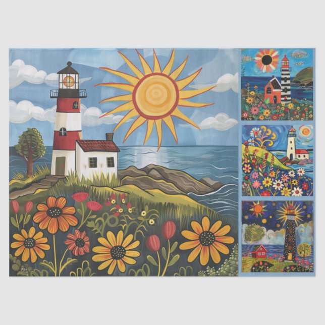 Colorful Watercolor Folk Art Light Houses  Tissue Paper (Front)