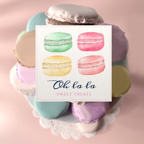 Colorful Watercolor French Macaron Bakery  Sweets Square Business Card