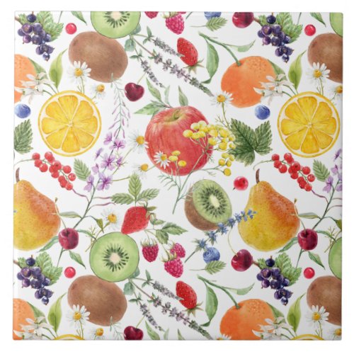 Colorful Watercolor Fruit and Herb Pattern  Ceramic Tile