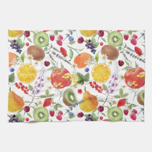 Colorful Watercolor Fruit and Herb Pattern  Kitchen Towel