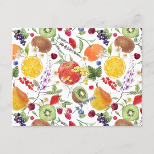 Colorful Watercolor Fruit and Herb Pattern  Postcard