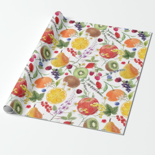 Colorful Watercolor Fruit and Herb Pattern  Wrapping Paper