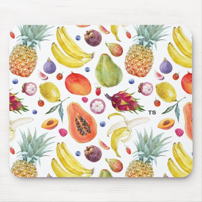 Colorful Watercolor Fruits Pattern Monogram Mouse Pad (Front)