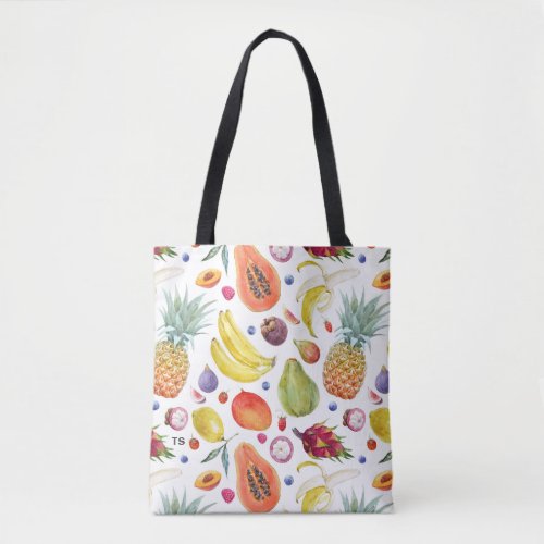 Colorful Watercolor Fruits Pattern Monogram Tote Bag