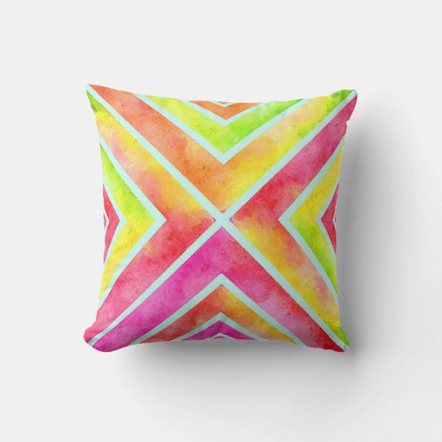 Colorful watercolor geometric chevron stripes outdoor pillow (Front)