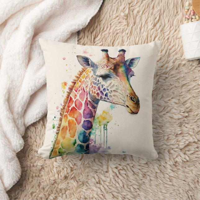 Colorful Watercolor Giraffe Throw Pillow (Blanket)