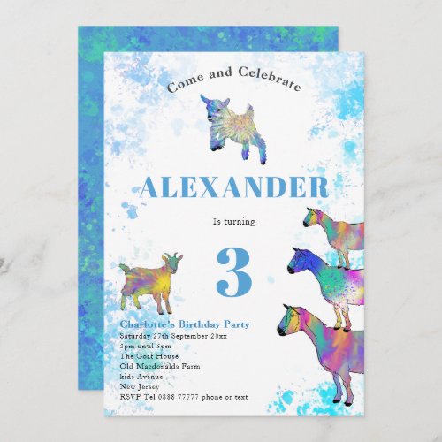 Colorful Watercolor Goat Birthday Party Blue Invitation