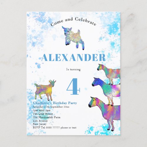Colorful Watercolor Goat Birthday Party Blue Invitation Postcard