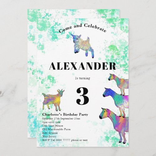 Colorful Watercolor Goats Birthday Party Invitation