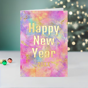 Colorful Watercolor Happy New Year 2026 Real Gold  Foil Holiday Card