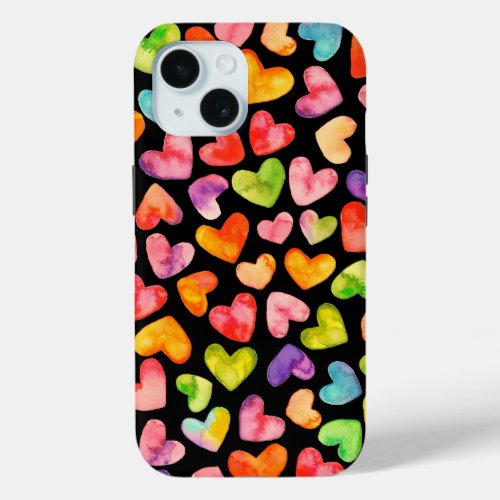 Colorful Watercolor Hearts iPhone 15 Case