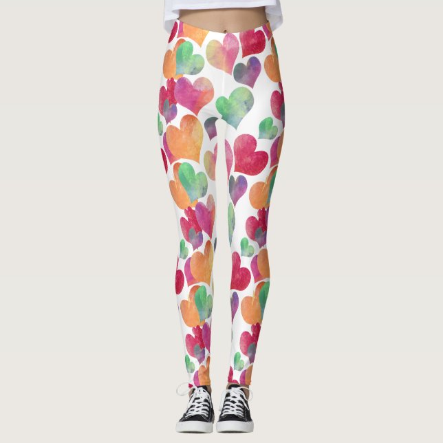 Colorful Watercolor Hearts Cute Girly Pattern Leggings (Front)
