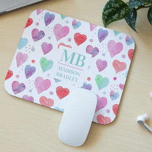 Colorful Watercolor Hearts Monogram Name Mouse Pad