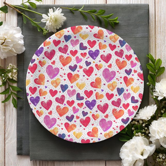 Colorful Watercolor Hearts Mother's Day Paper Plates (Creator Uploaded)