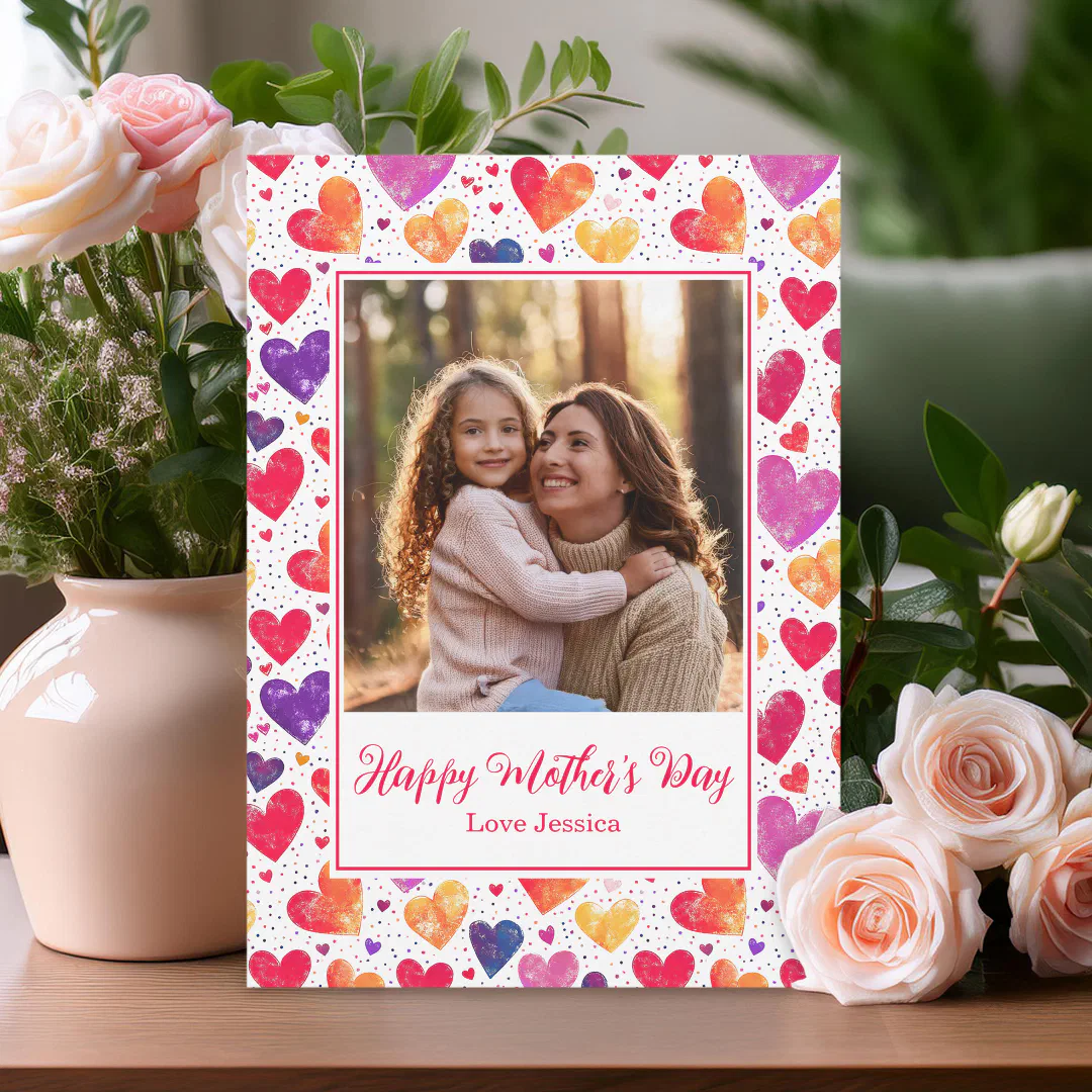Colorful Watercolor Hearts Mother's Day Photo  Holiday Card (Creator Uploaded)