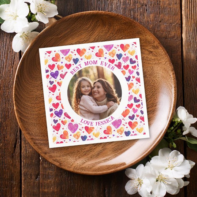 Colorful Watercolor Hearts Mother's Day Photo Napkins (Creator Uploaded)