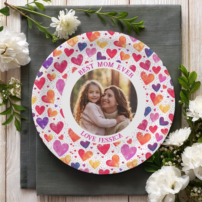 Colorful Watercolor Hearts Mother's Day Photo Paper Plates (Creator Uploaded)
