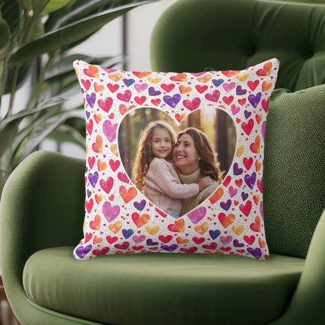 Colorful Watercolor Hearts Mother's Day Photo Throw Pillow (Creator Uploaded)