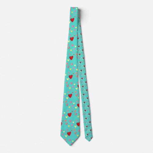 Colorful Watercolor Hearts on Aqua Blue Pattern  Neck Tie