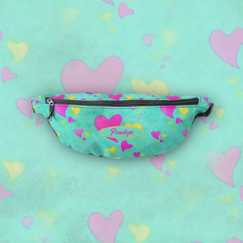 Colorful Watercolor Hearts Pattern with Your Name  Fanny Pack