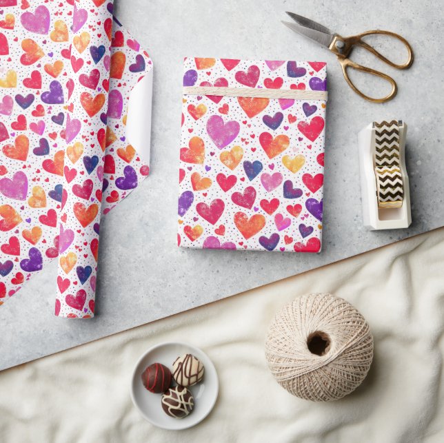 Colorful Watercolor Hearts Pattern Wrapping Paper (Crafts)