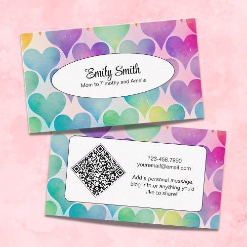 Colorful Watercolor Hearts QR Code Play Date Mommy Calling Card