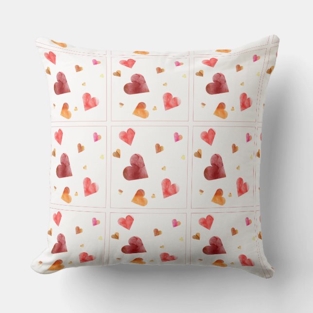 Colorful Watercolor Hearts Throw Pillow (Front)