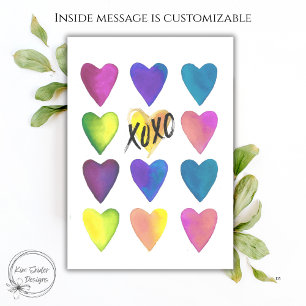 Colorful Watercolor Hearts XOXO Valentine’s Day Card