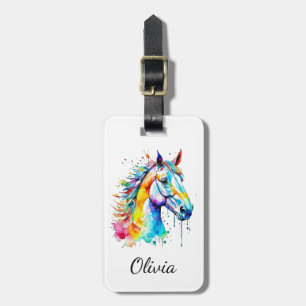 Colorful watercolor horse head design  luggage tag