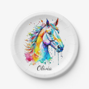Colorful watercolor horse head design paper plates