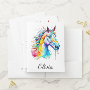 Colorful watercolor horse head design pocket folder